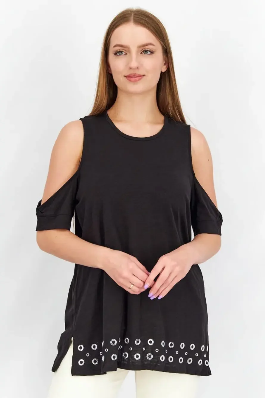 Michael Kors Blouse Silver Grommet Black Cold Shoulder Shirt Size Women's Medium